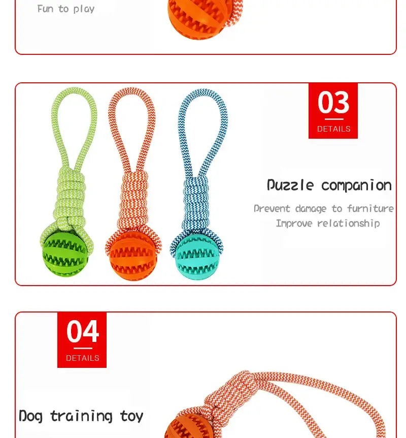 Interactive Dog Treat Rope Ball with green, orange, blue textured rubber toys