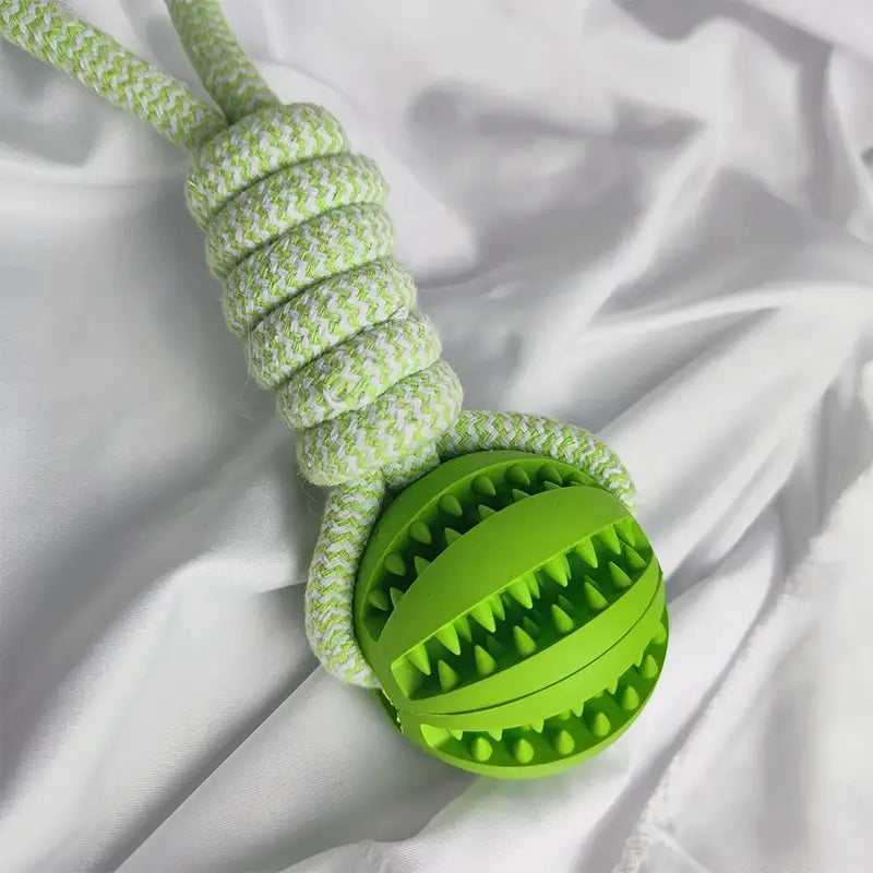 Interactive Dog Treat Rope Ball with bright green silicone dental cleaning ball and braided rope handle