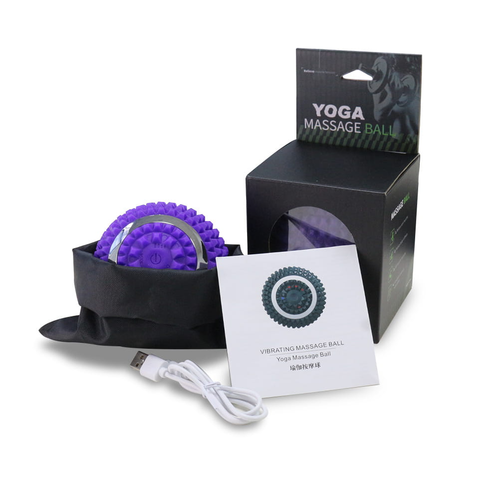 Silicone fascia electric massage yoga ball in purple with silver handle, USB cable, box.