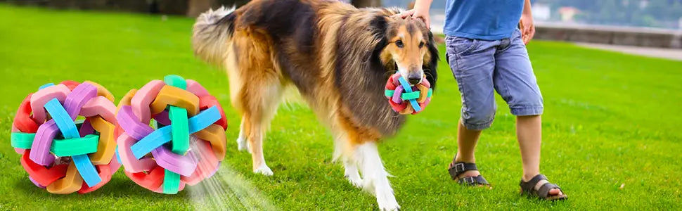 Light up bell dog ball: colorful braided rubber toy in pink, purple, blue, green