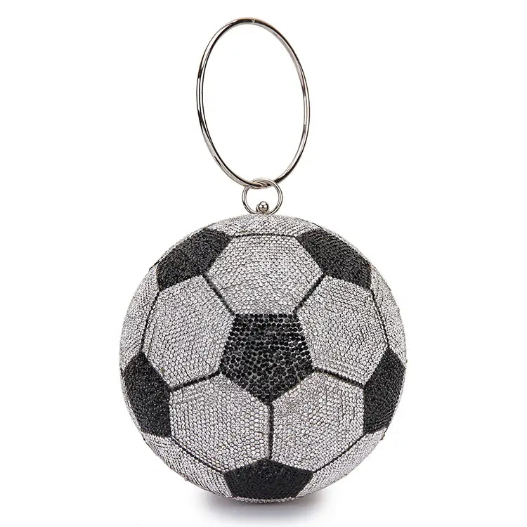 Sparkling black silver soccer ball clutch with rhinestone basketball design
