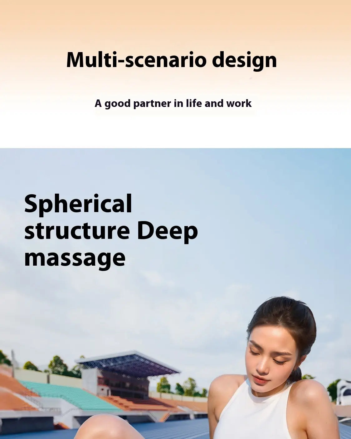 Woman in white sleeveless top sitting outdoors with Electric Deep Massage Yoga Ball