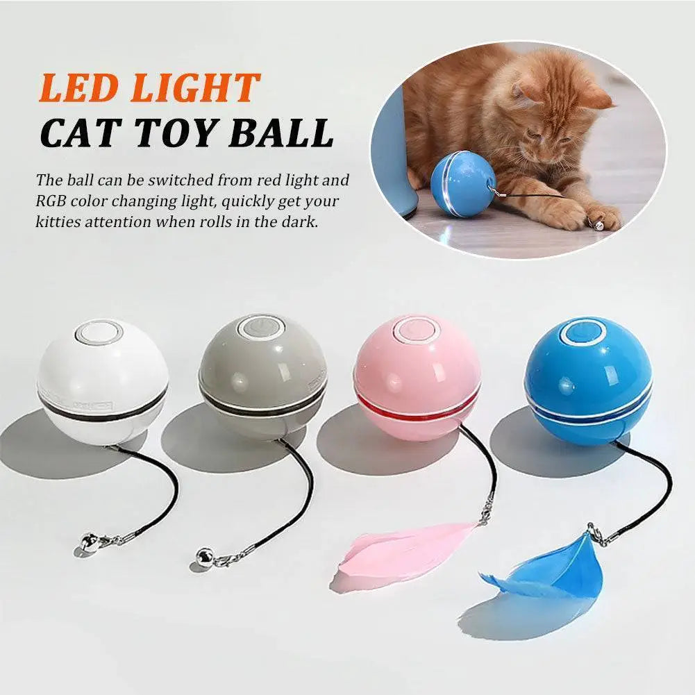Bola de Gato Laser Arco-Íris: brinquedo LED esférico elegante com acabamento brilhante e cauda de penas