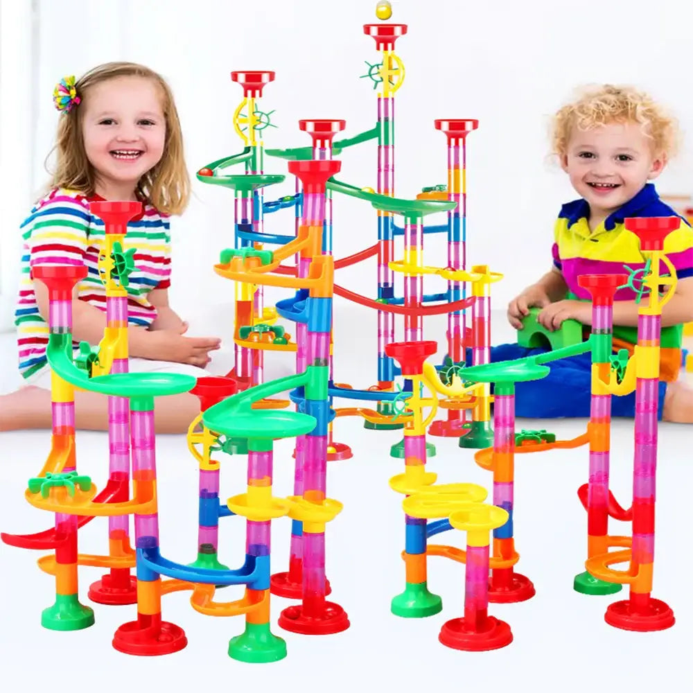Vibrant ball track slide marble toy with multi-colored translucent parts