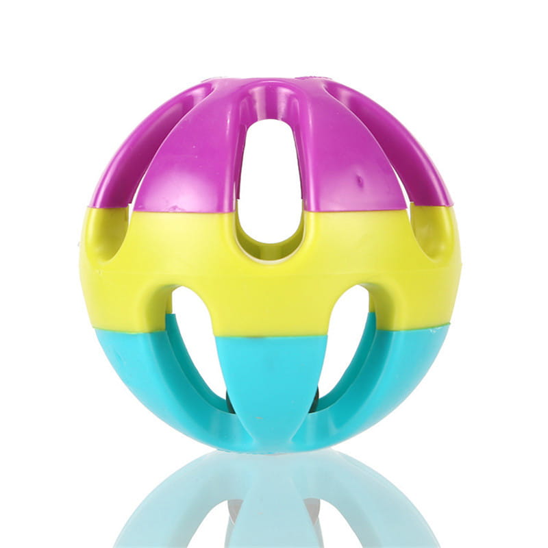 Colorful Bell Pet Toy Ball with purple top, yellow middle, blue bottom
