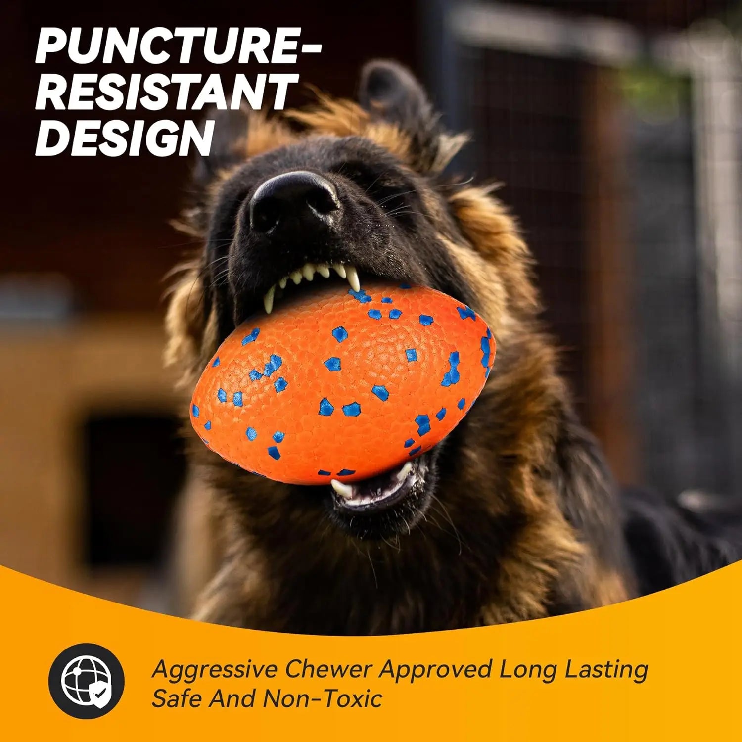 Indestructible Large Rugby Ball orange dog toy with blue speckles for aggressive chewers