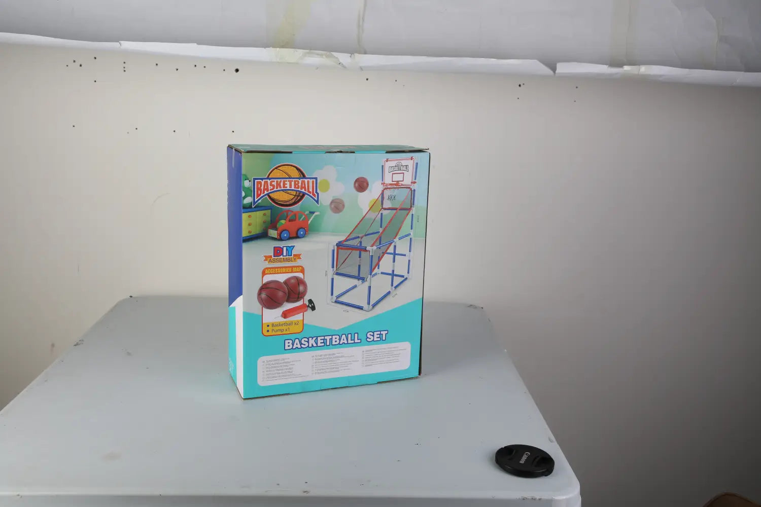 Colorful DIY kids basketball game set box with blue white frame illustration