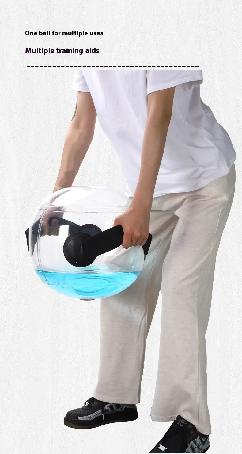 Counterweight Water Fitness Ball: transparent sphere with black handle, blue liquid