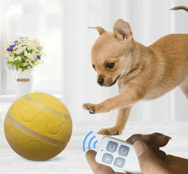 Purrfectplay Large yellow remote-controlled pet ball with textured surface and metallic stripes