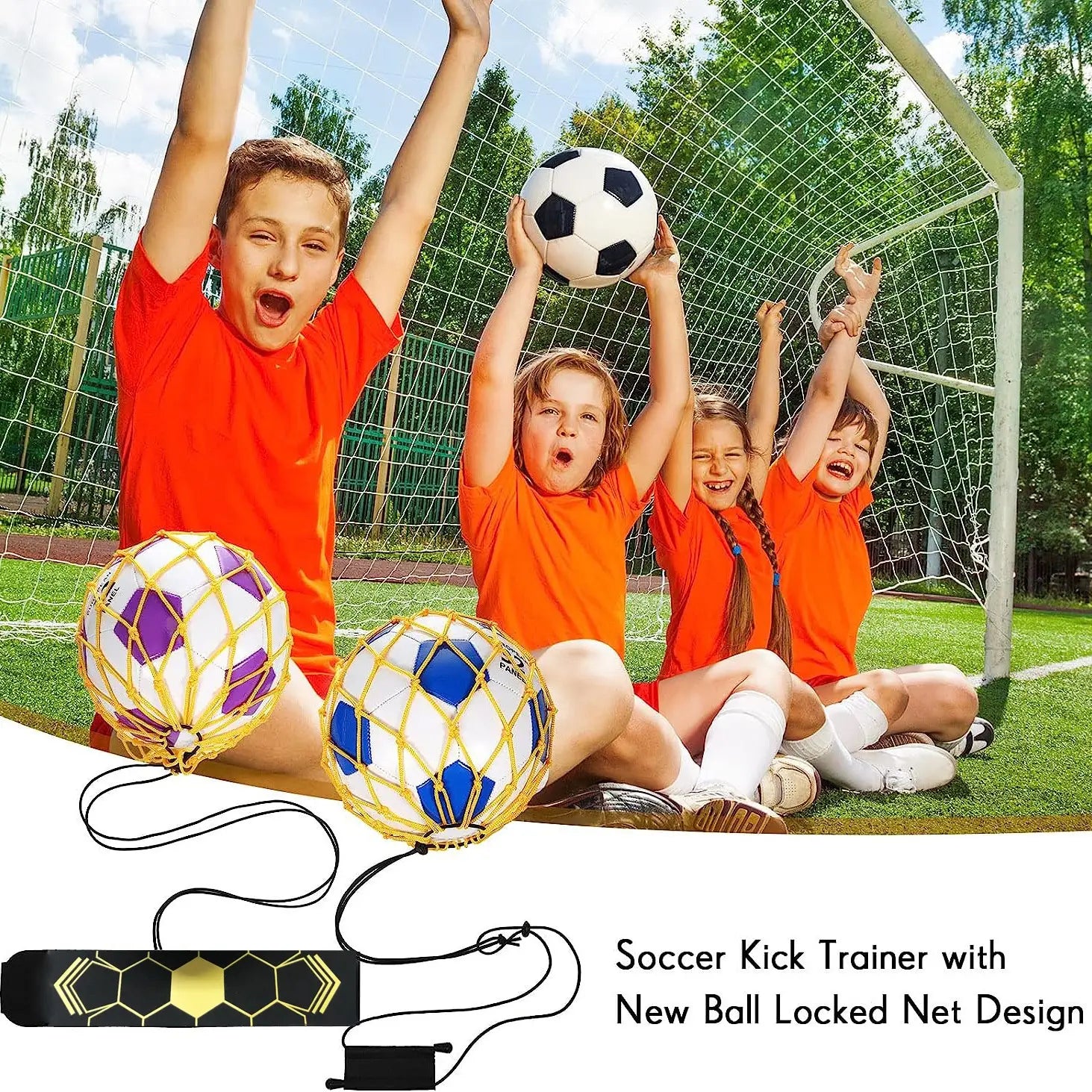 Black gold hexagonal soccer kick trainer with cord and strap