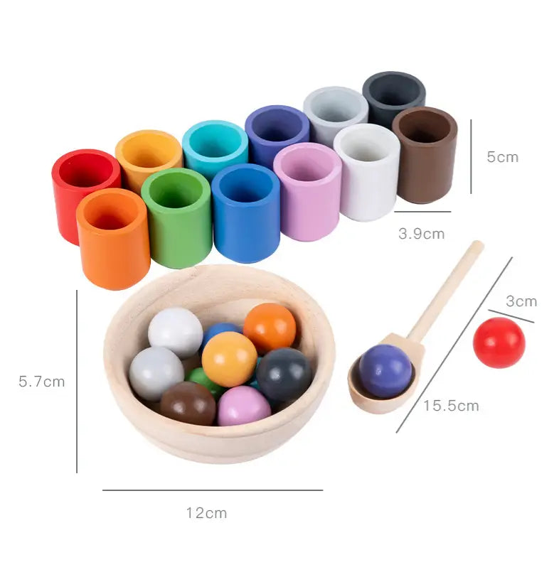 Kids Color Classification Balls: wooden bowl of colorful plastic balls, tubes, spoon