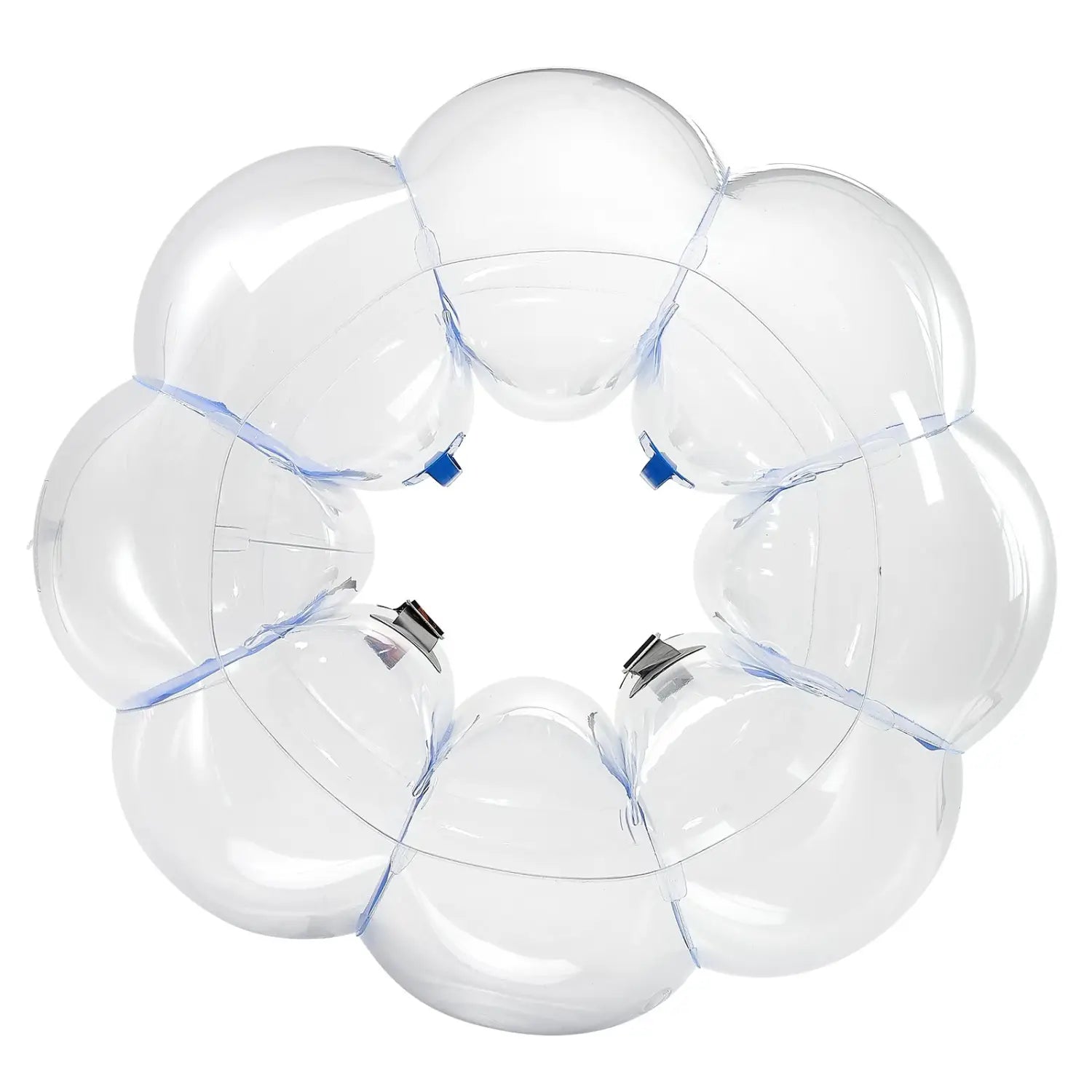 Clear transparent plastic inflatable bumper ball ring with blue-tinted seams