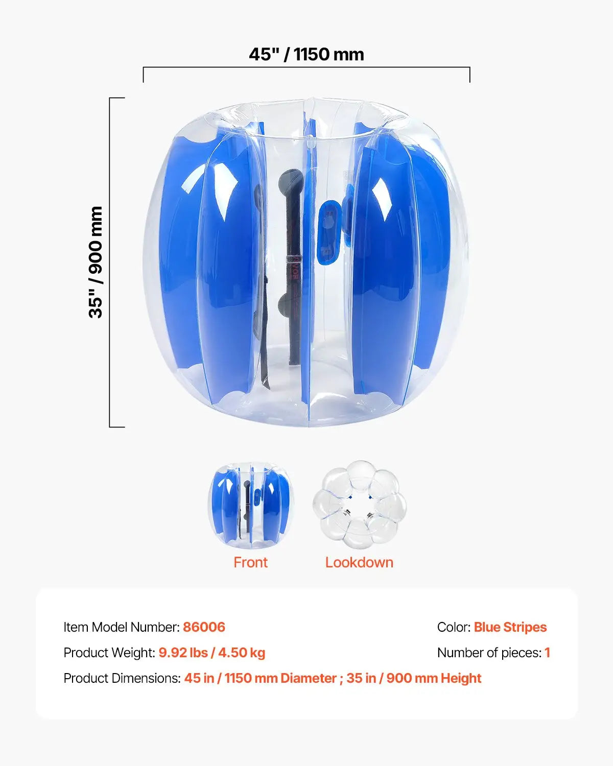 Inflatable blue-striped bumper ball with transparent sections and black handle