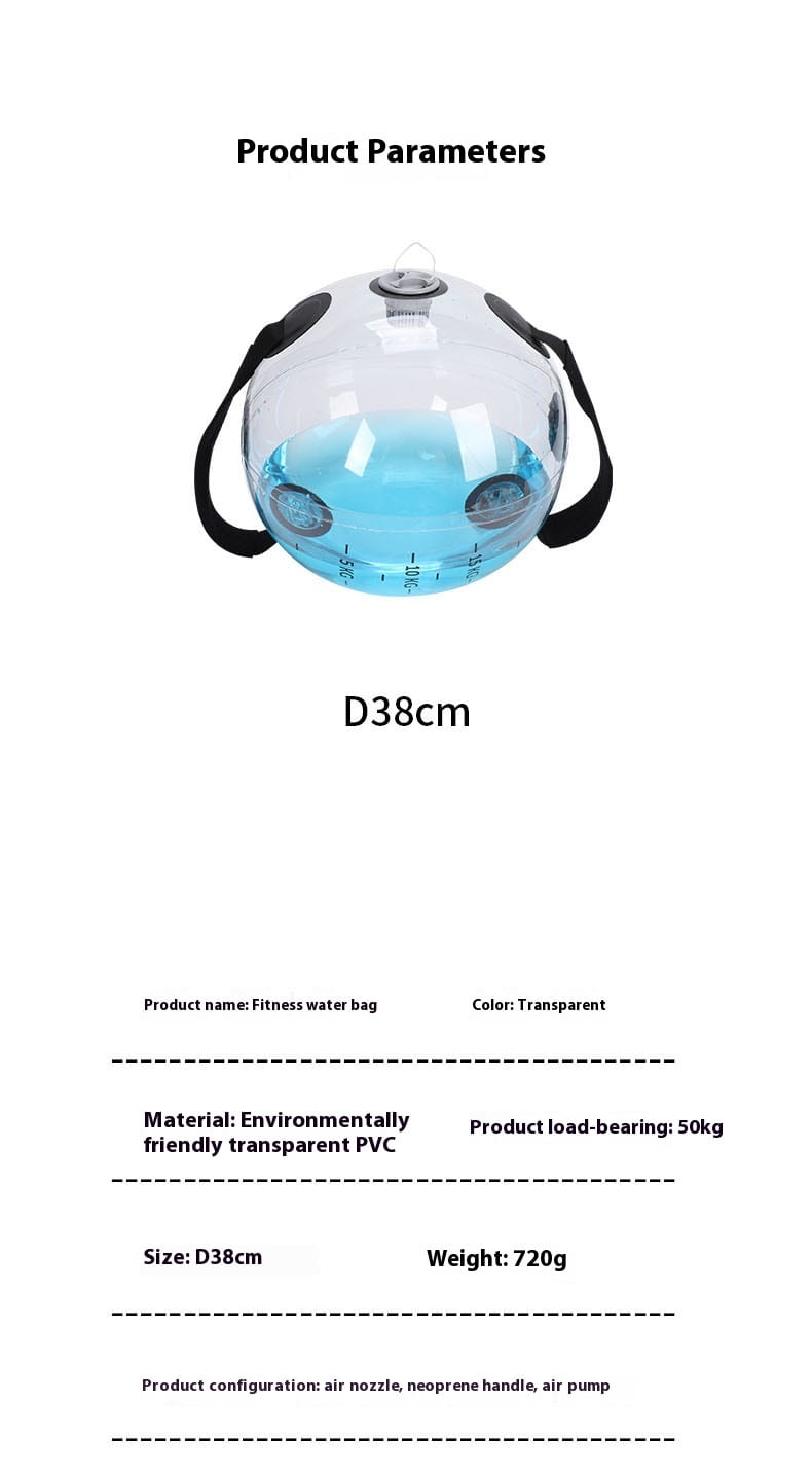 Counterweight Water Fitness Ball: transparent PVC sphere with neoprene handles