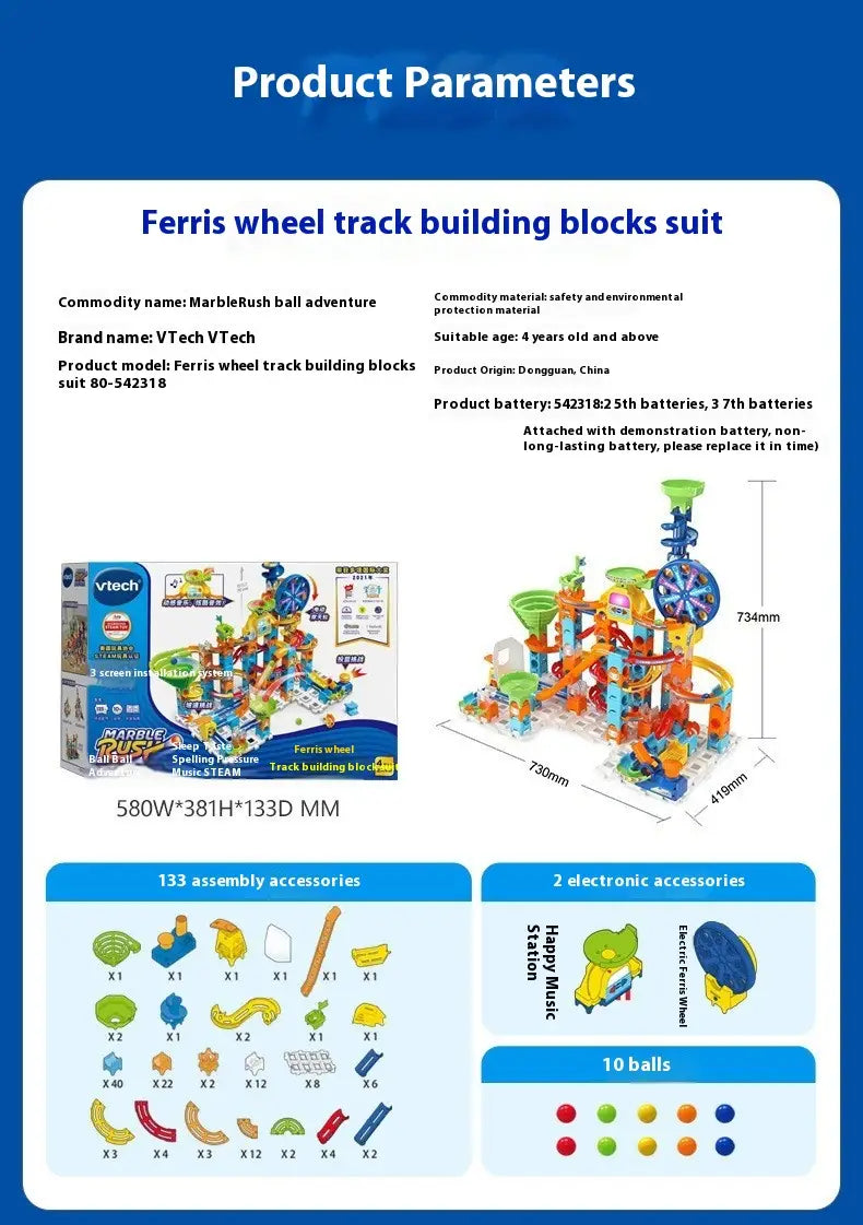 Ball Adventure ferris wheel track blocks in blue, yellow, green with 37-battery system