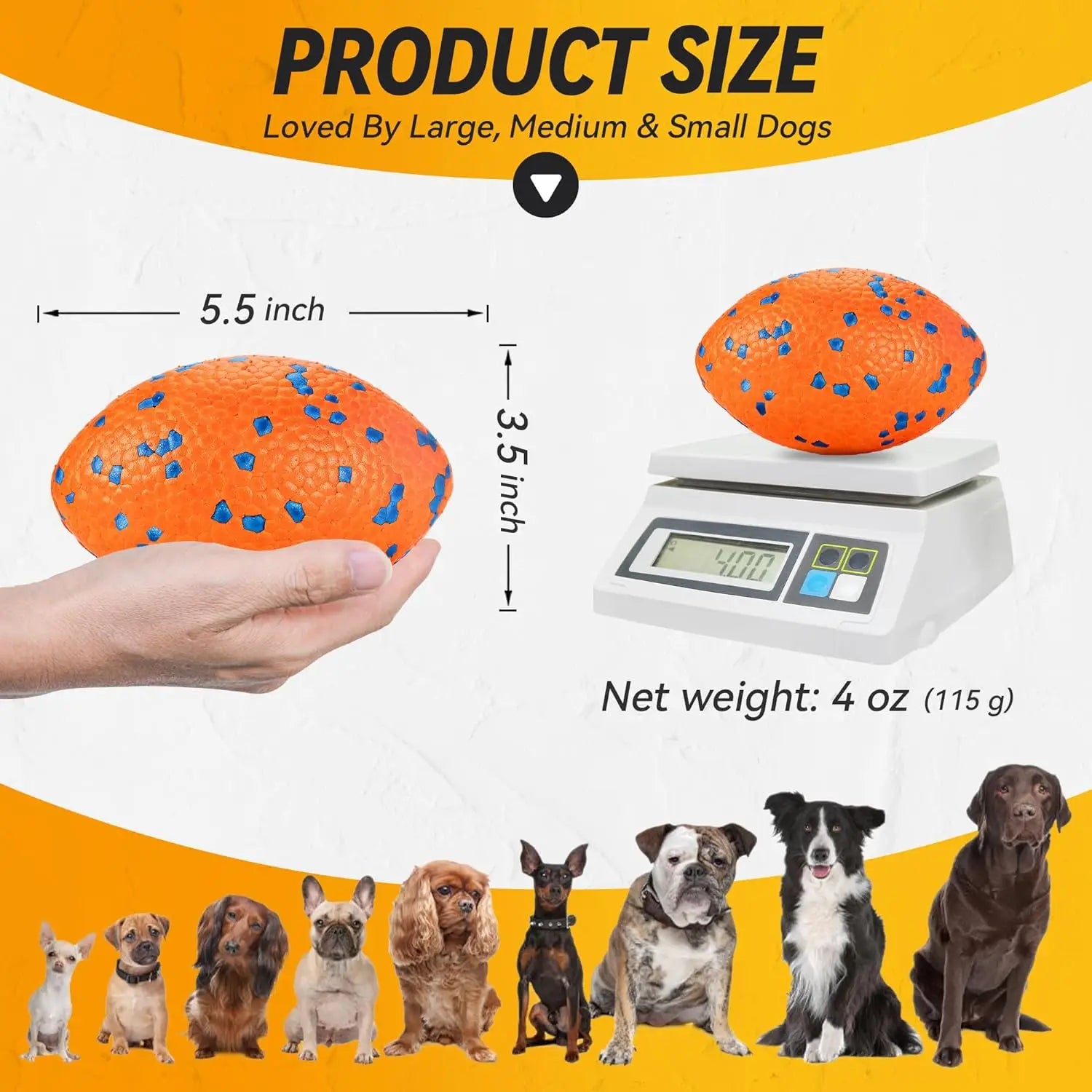 Indestructible large rugby ball dog toy, orange textured with blue speckles