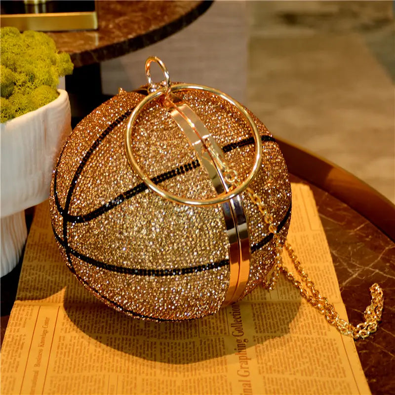 Ladies rhinestone basketball clutch bag in glittering gold with black stitches