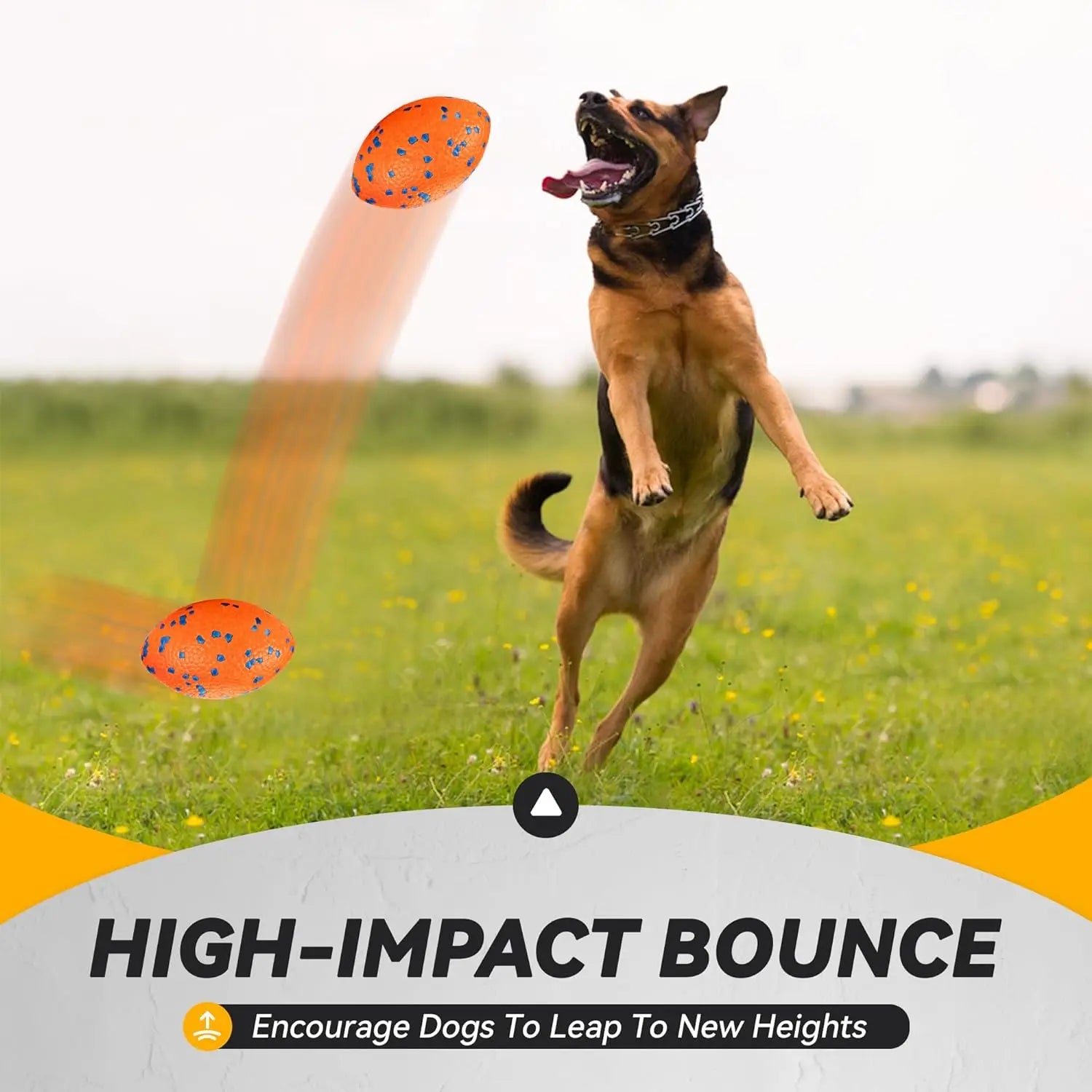 Indestructible large rugby ball orange speckled dog toy with bounce design