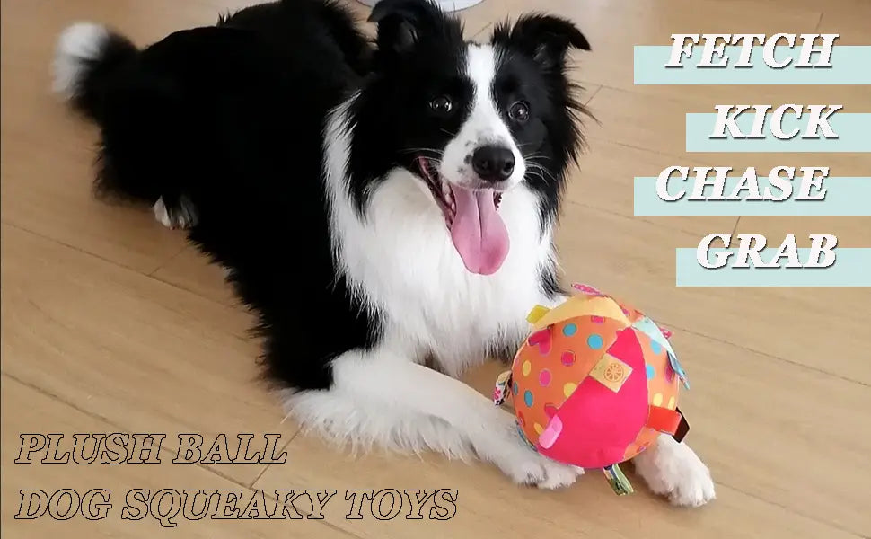 Colorful polka dot plush dog toy ball with chimes squeaks and fabric tabs