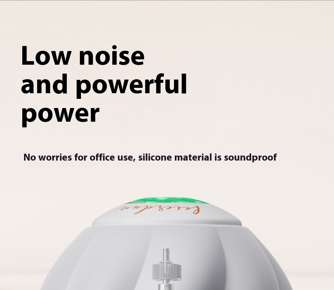 White silicone desk fan with green accent and silver knob on yoga ball