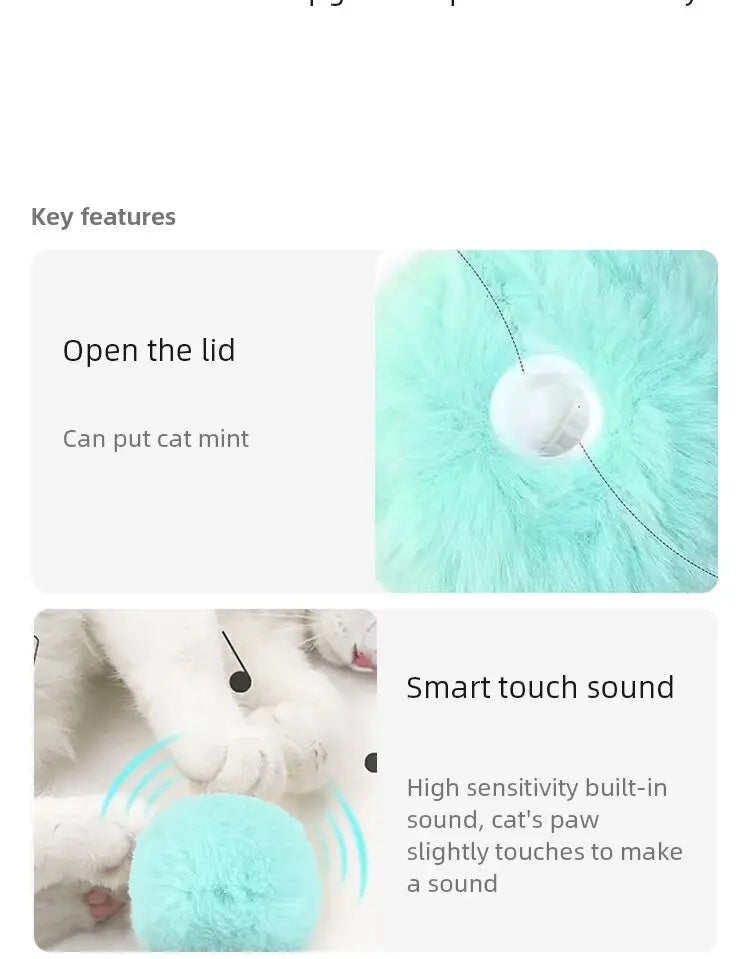 Plush interactive cat toy ball, soft mint-green fuzzy with white center and sound