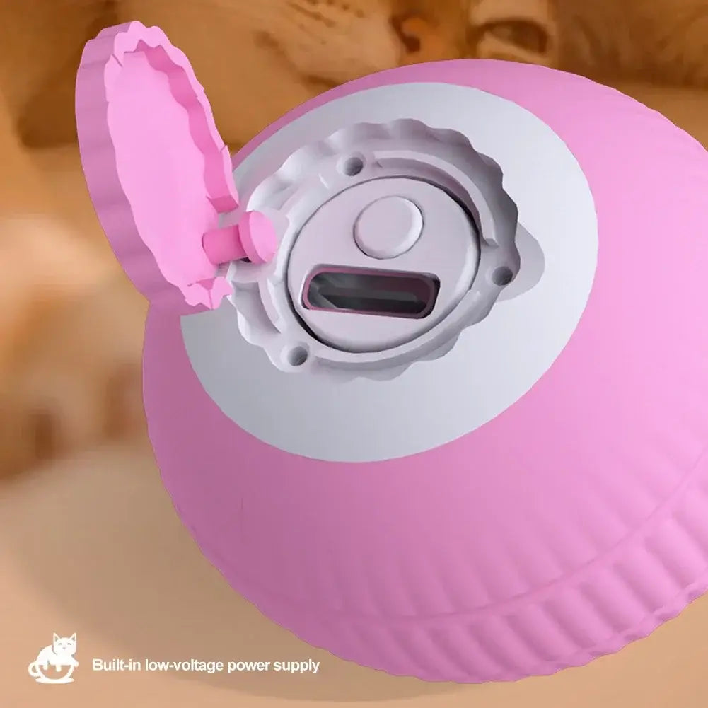Pink and white Interactive Smart Cat Ball with scalloped lid and USB port