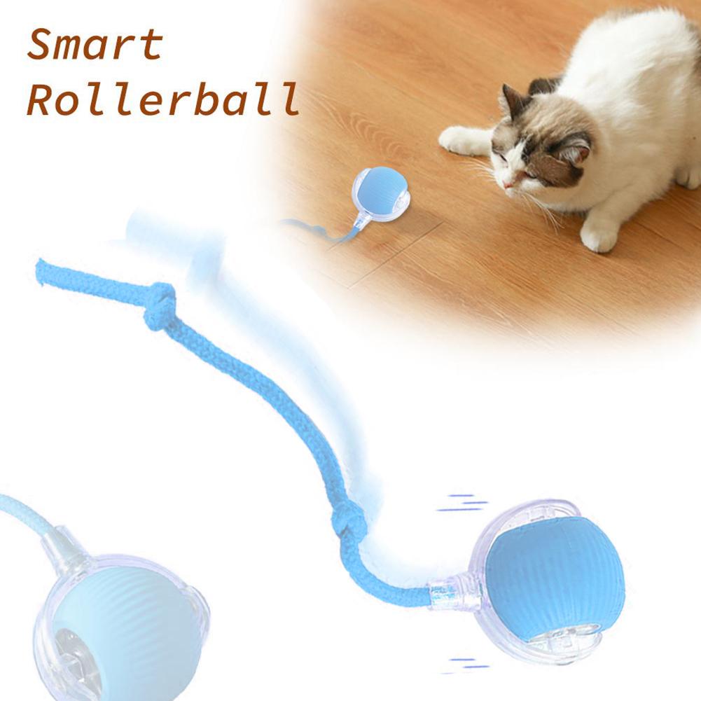 Rechargeable smart cat toy ball: blue rollerball with clear housing, textured fabric