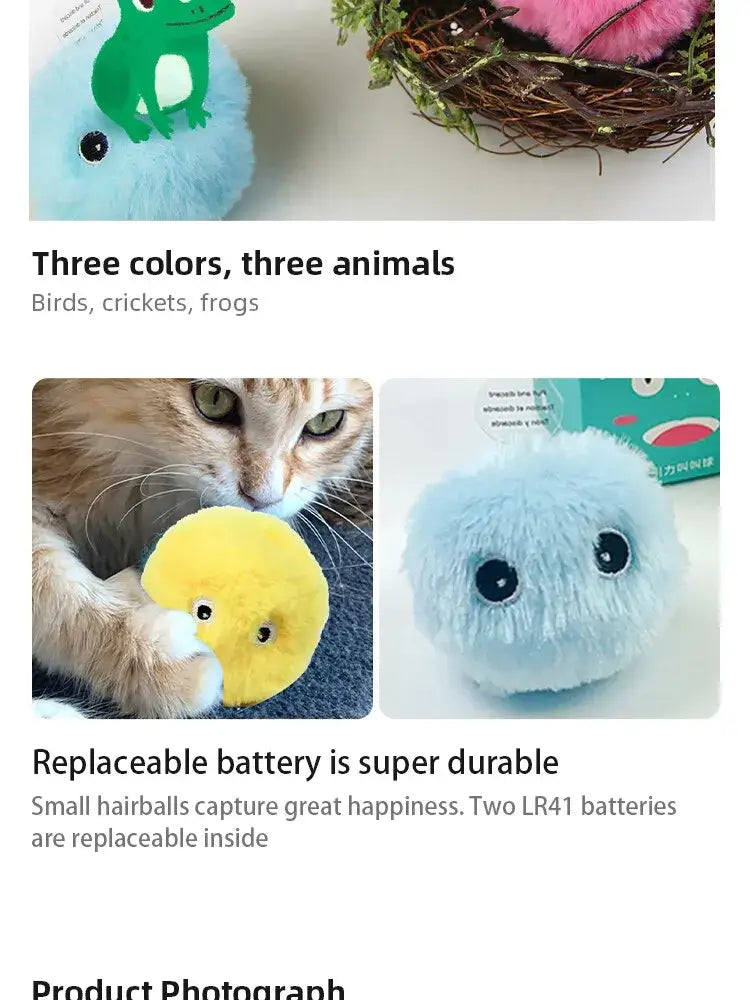 Soft fluffy blue Plush Interactive Cat Toy Ball with black button eyes and green frog sticker