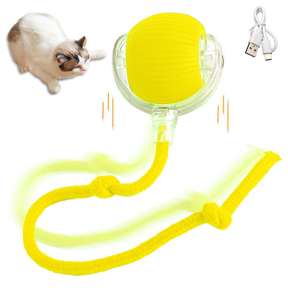 Rechargeable smart cat toy ball: bright yellow plush sphere with clear casing and cord