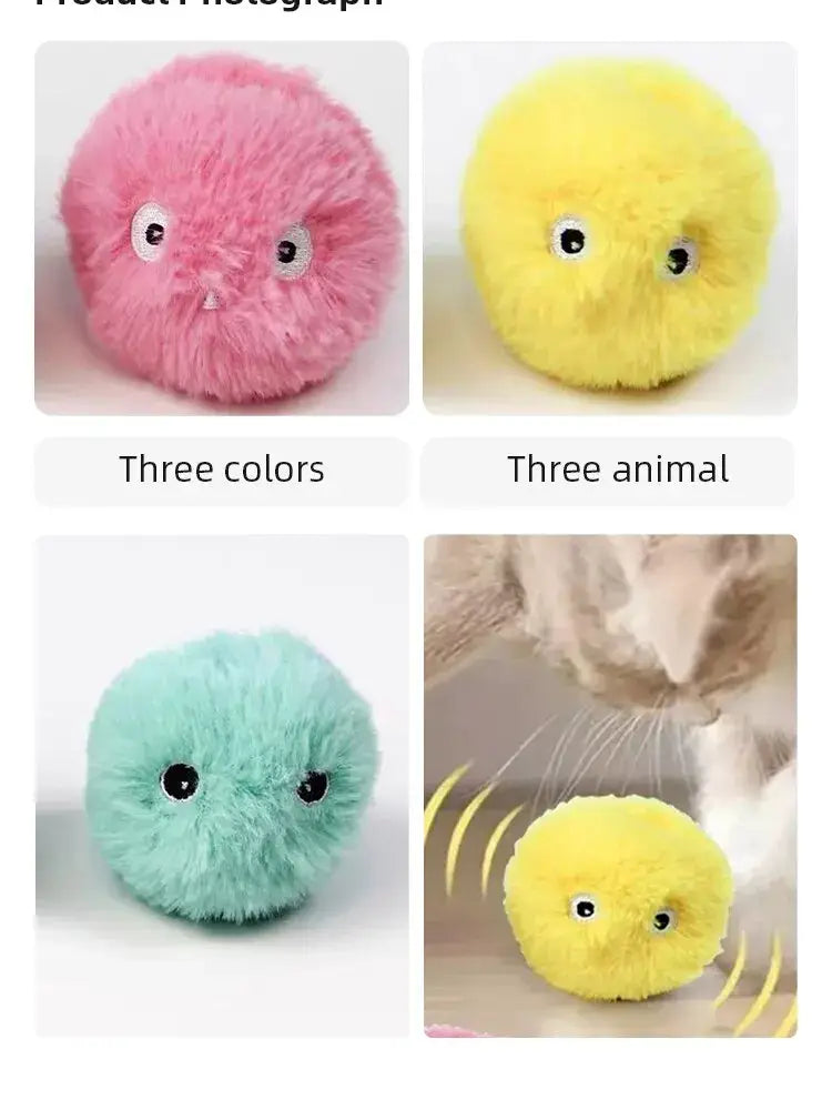 Plush interactive cat toy ball, fluffy round fuzzy in pink, yellow or teal with button eyes