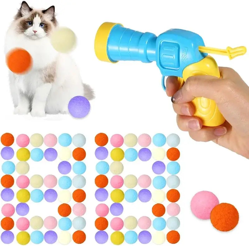 Bright blue and yellow Interactive Cat Toy Shooting Ball Launcher with textured grip