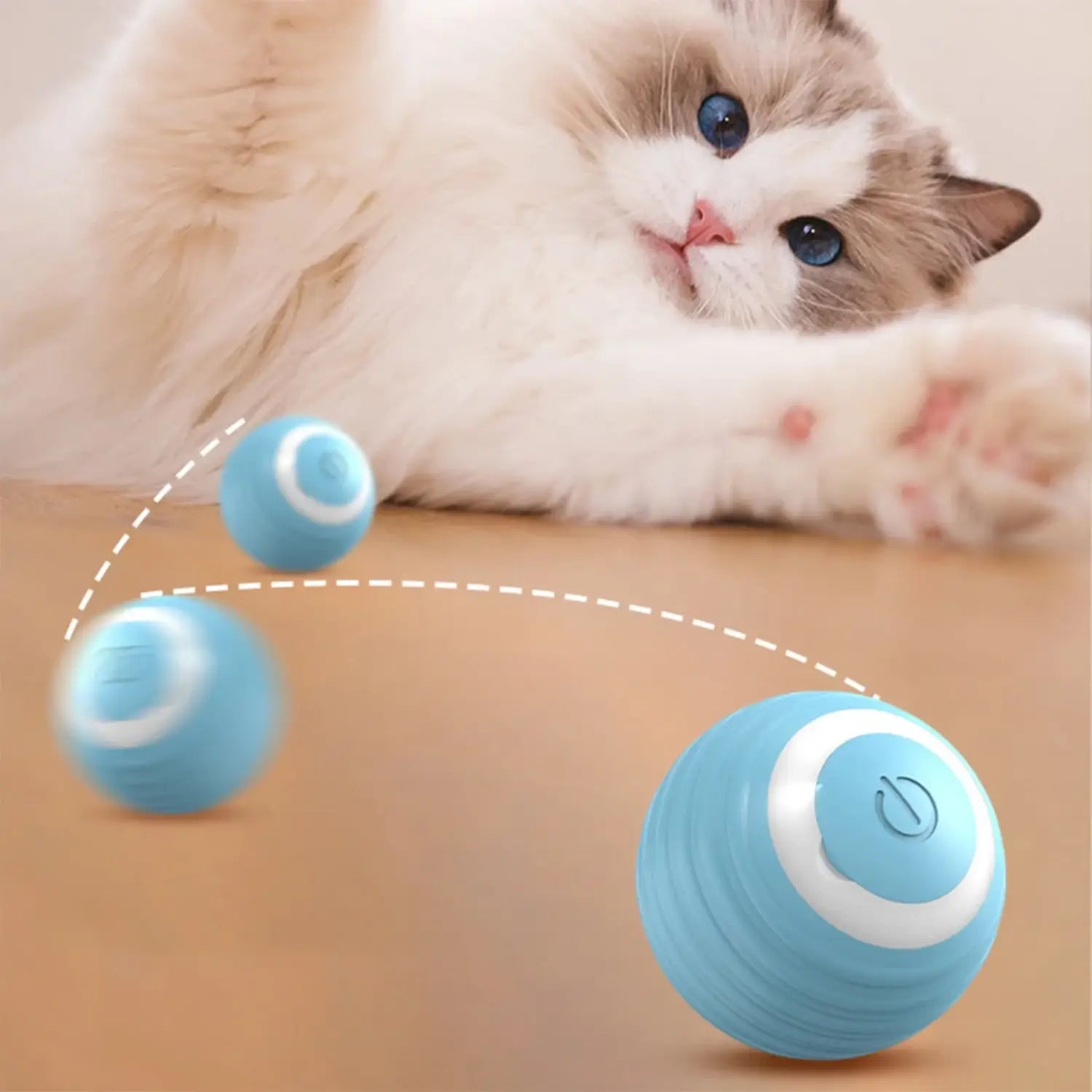 Interactive rechargeable cat ball toy, light blue sphere with white accents