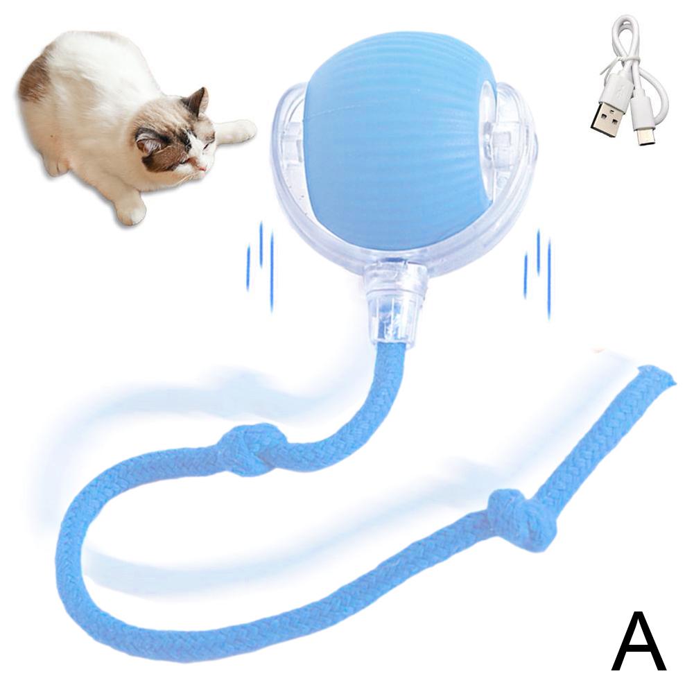 Rechargeable smart cat toy ball: blue silicone with clear handle, braided cord