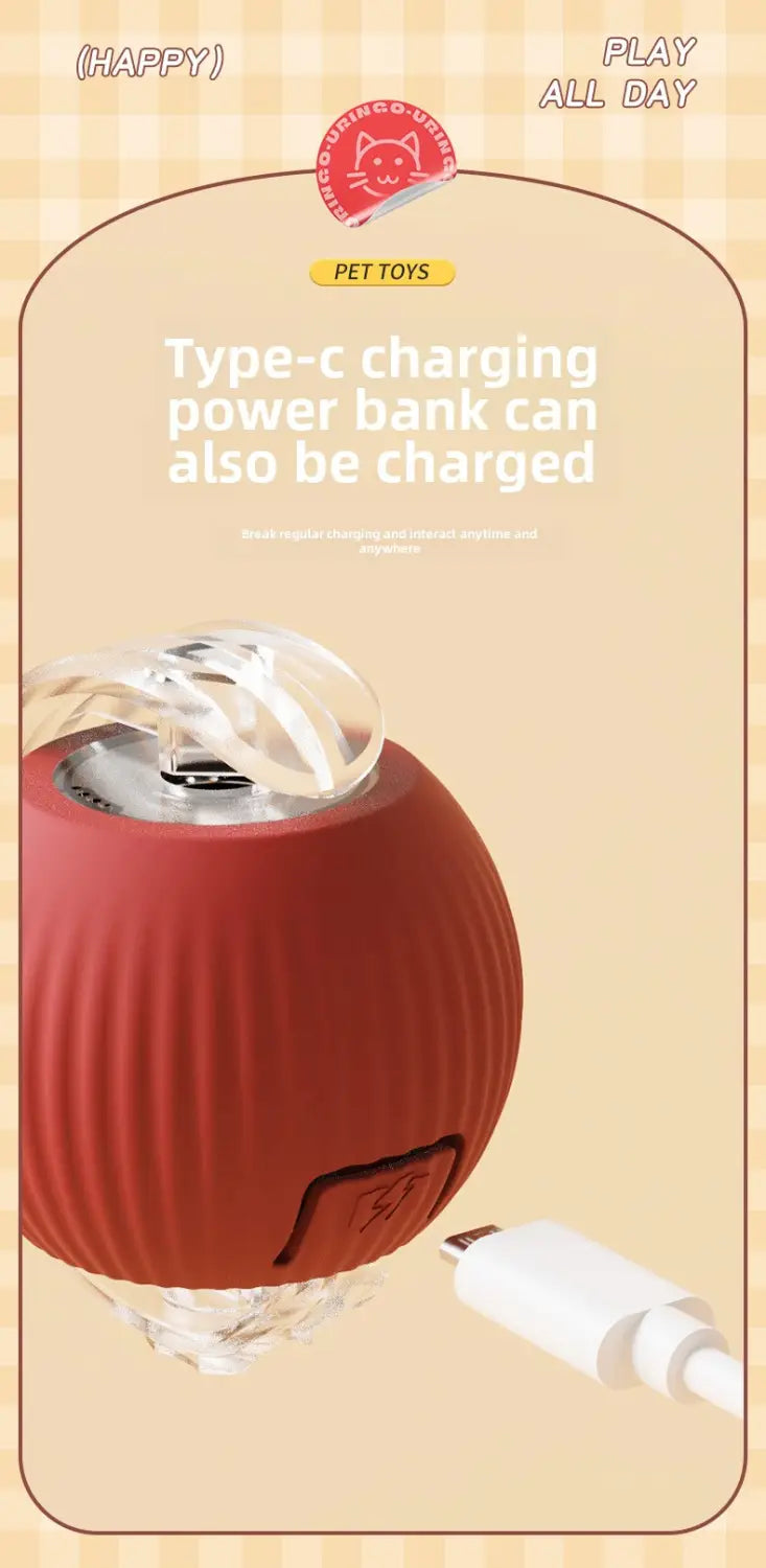 Red type-C power bank cat ball toy with ribbed texture and crystal top