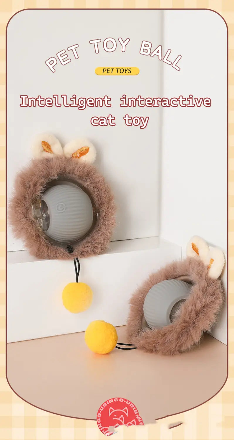 Interactive rechargeable cat ball toy with fuzzy bunny ears and yellow pom-poms