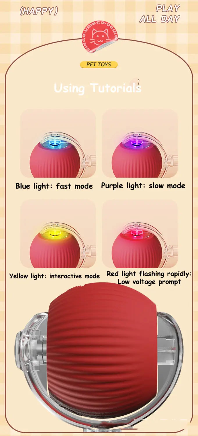 Interactive rechargeable cat ball toy with red ribbed silicone, clear housing and LED lights