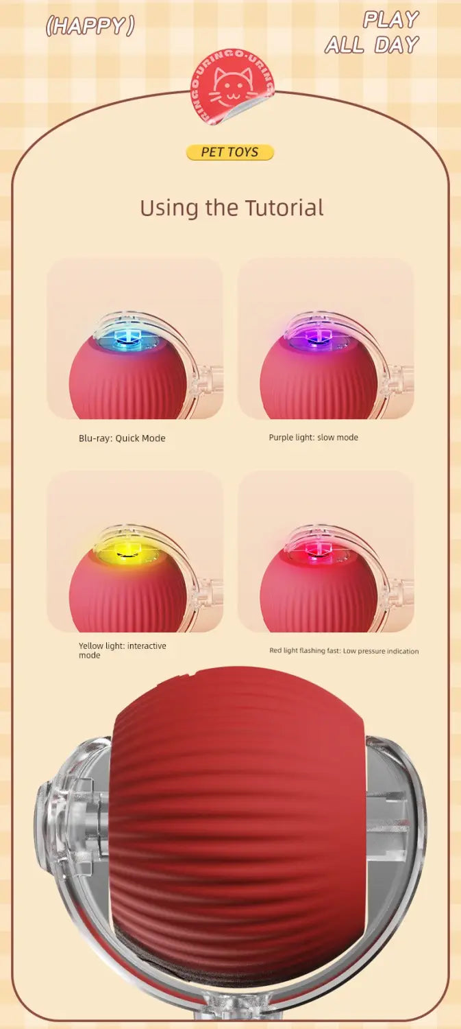Balle de teasing interactif pour chat intelligente : jouet en silicone rouge avec boîtier transparent et lumières LED multicolores