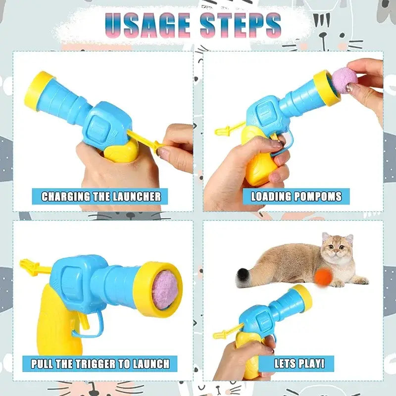 Interactive cat toy launcher with blue yellow plastic and pink pom-pom insert