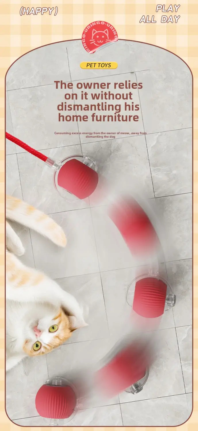 Interactive rechargeable cat ball toy with red textured sphere, clear base and handle