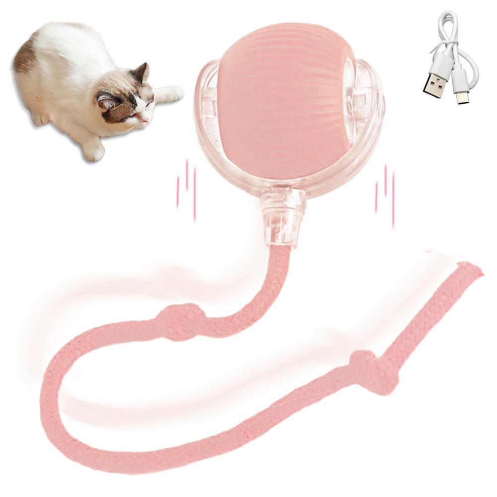 Rechargeable smart cat toy ball with pink silicone, clear housing, USB cable