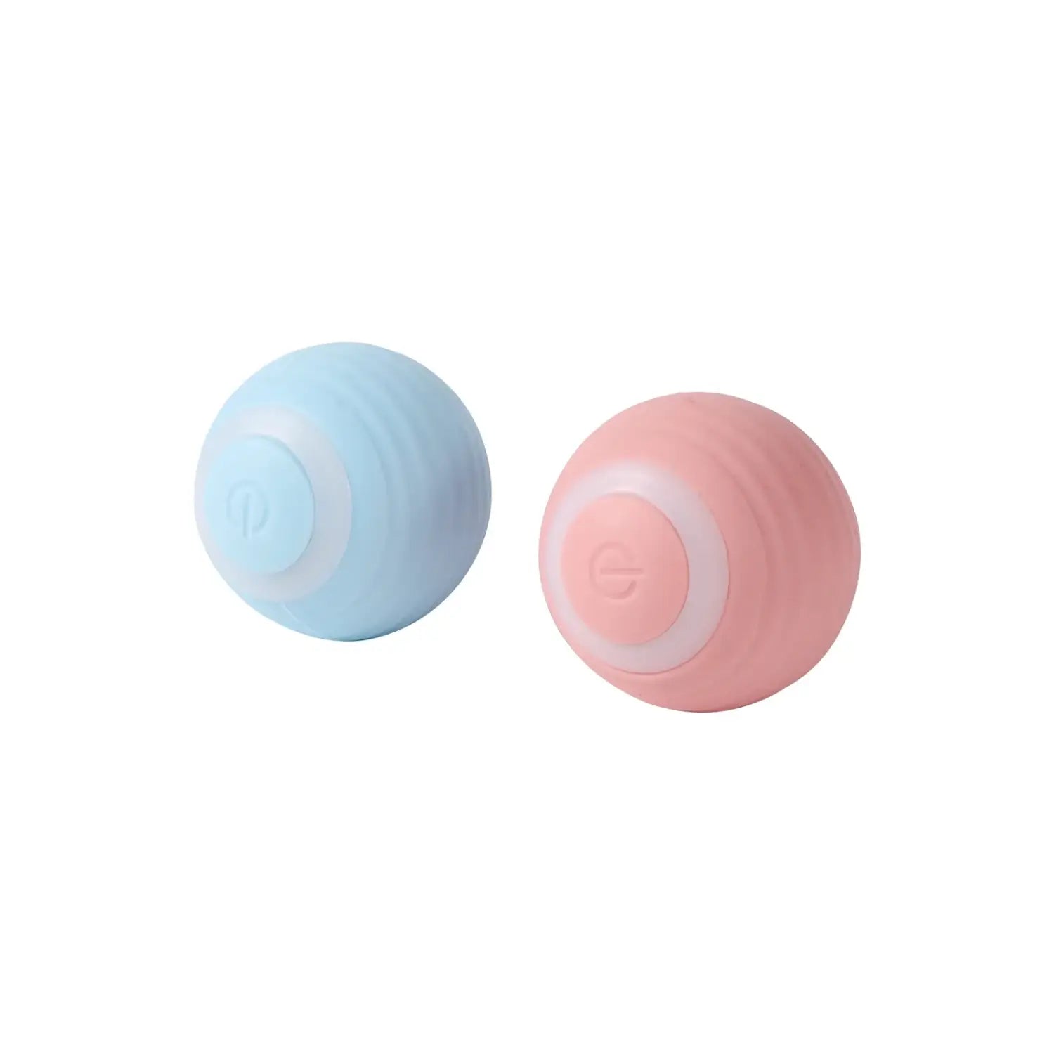 Two pastel silicone massage balls, blue and pink with power symbol, for Interactive Rechargeable Cat Ball Toy