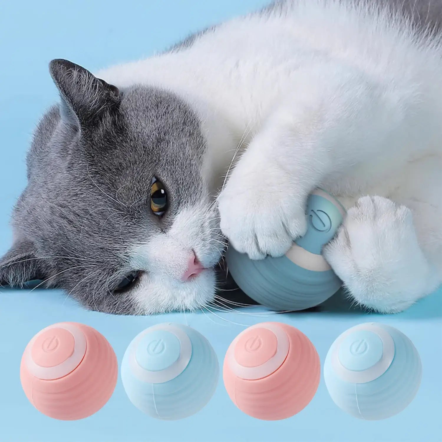 Interactive rechargeable cat ball toy in pastel pink and light blue silicone with white button.