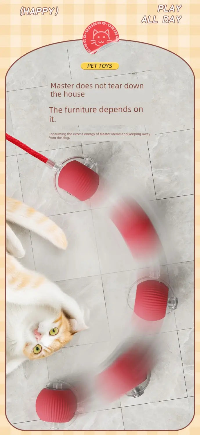 Balle de Teasing Interactive Intelligente pour Chat : sphère texturée rouge avec base claire, cordon rouge