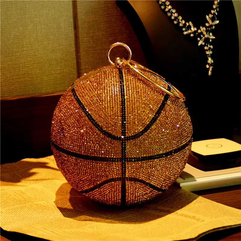 Sparkling gold rhinestone basketball clutch bag with black lines