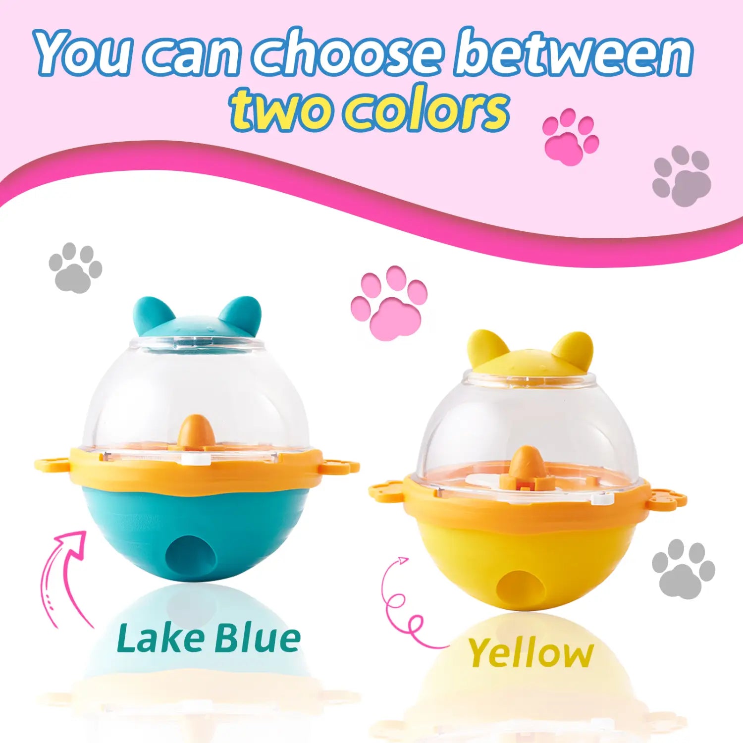 Dog Treat Balls: colorful cat-shaped dispensers in lake blue and yellow