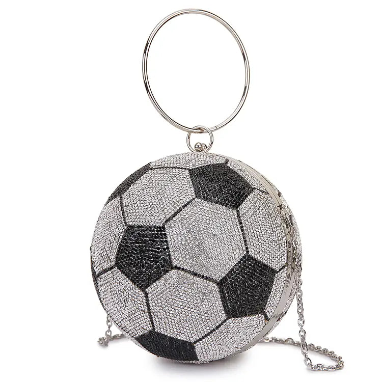 Sparkling black silver rhinestone basketball clutch bag with chain strap