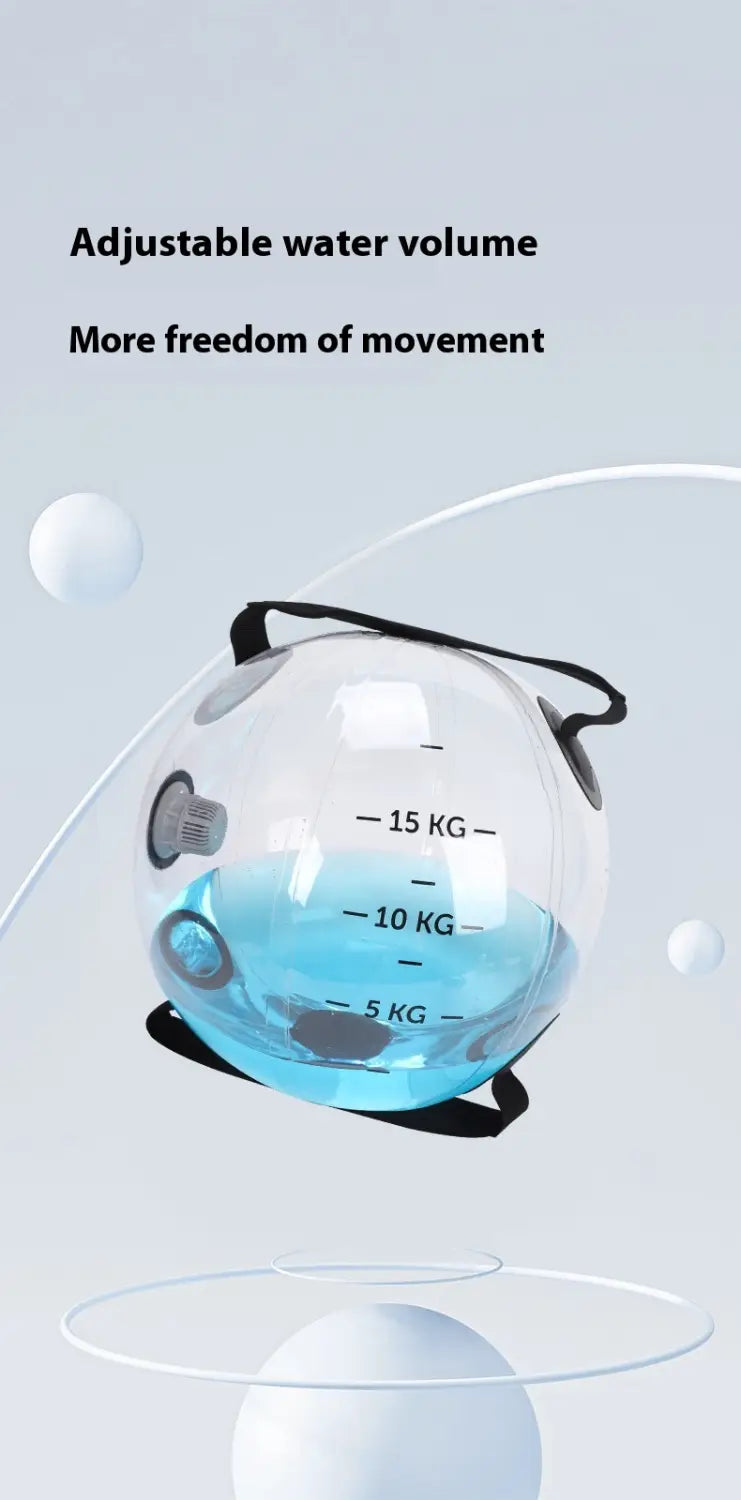 Transparent spherical Counterweight Water Fitness Ball backpack with black straps and kg markings