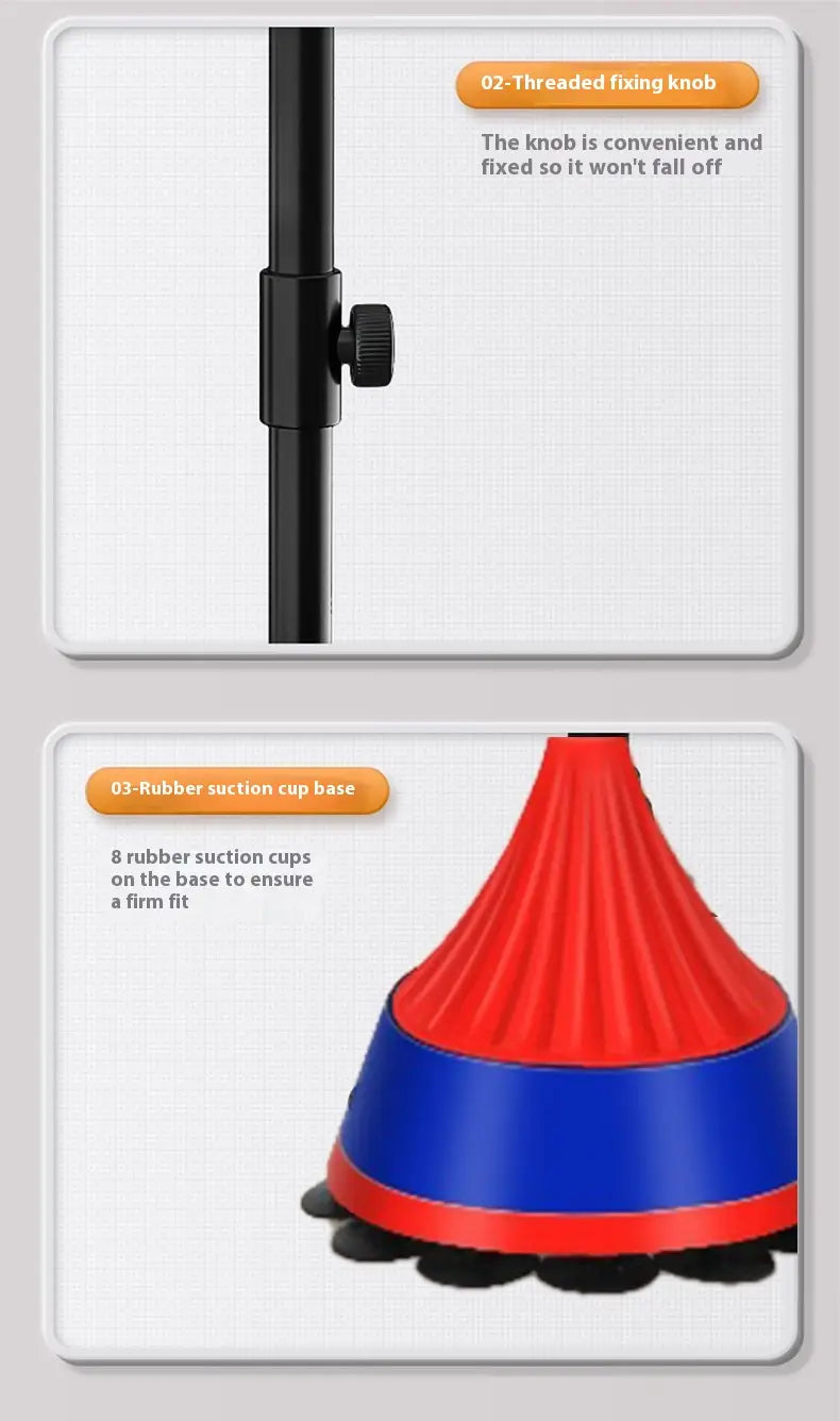 Red and blue rubber suction cup base with eight cups for Speed Ball Anti-stress Trainer