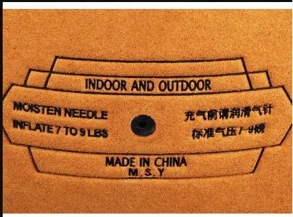 Back of Outdoor And Indoor Cowhide Texture Basket Balls: brown leather label with indoor/outdoor specs