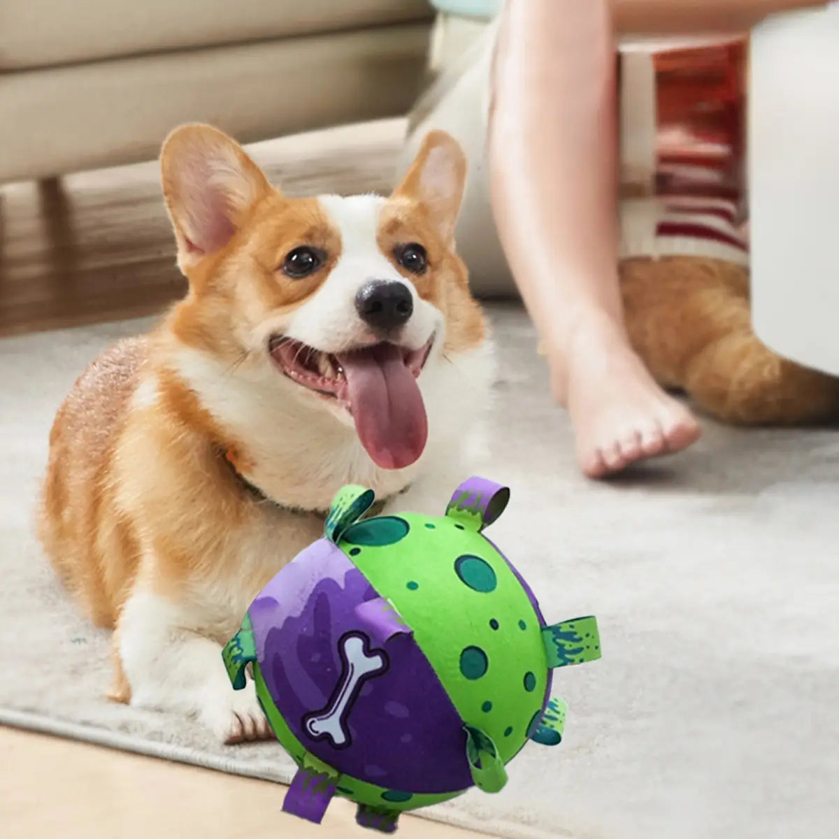 Vibrant green purple plush dog toy soccer ball with straps bone patches